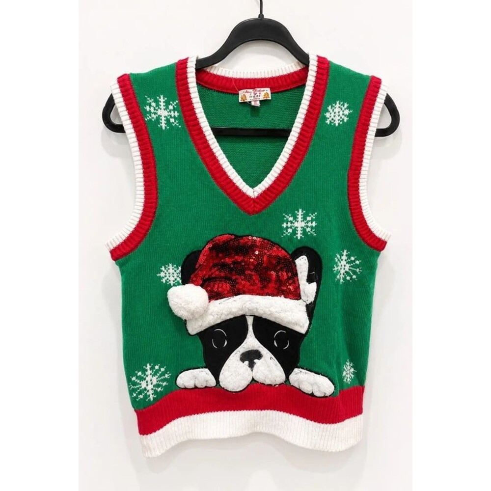 Merry Christmas by POOF French Bulldog Sequin Christmas Sweater Vest Small